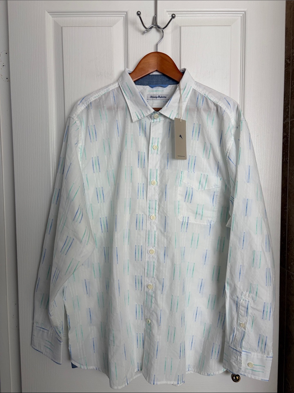 Tommy Bahama White Button-Up Shirt with Blue and Mint Accents